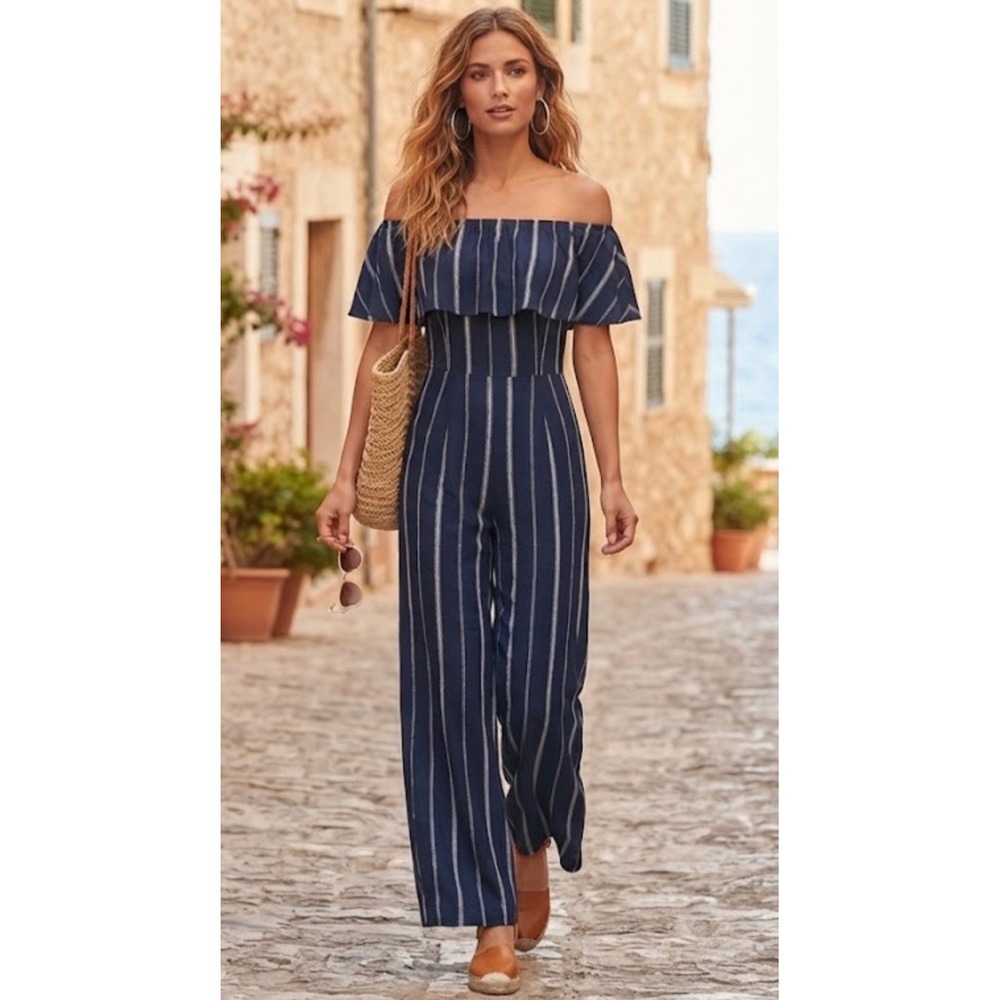 Altar'd State Navy Blue White Striped Off Shoulder Ruffle Wide Leg Jumpsuit M